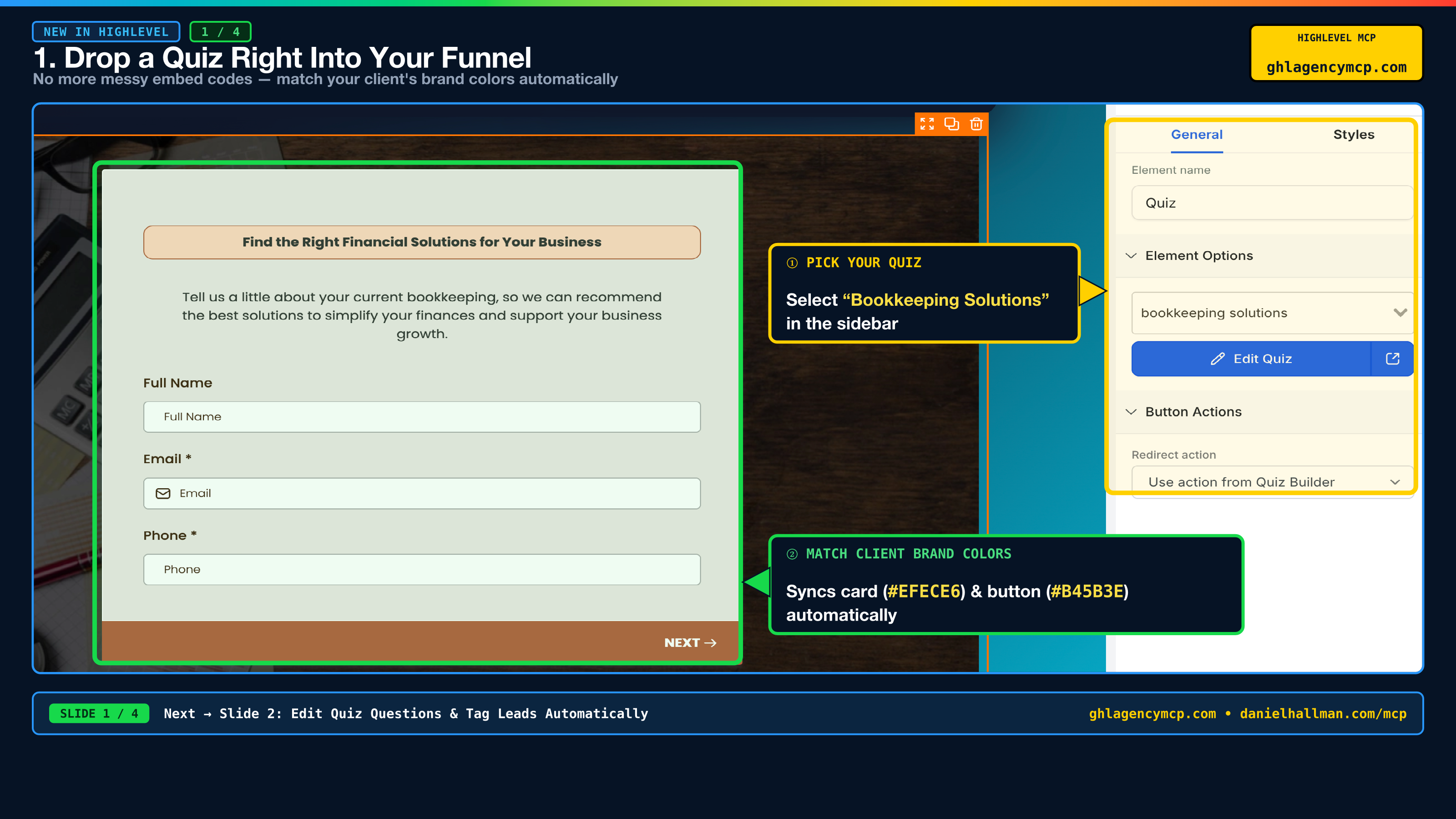 Slide 1: Drop a Quiz Right Into Your Funnel and Match Brand Colors