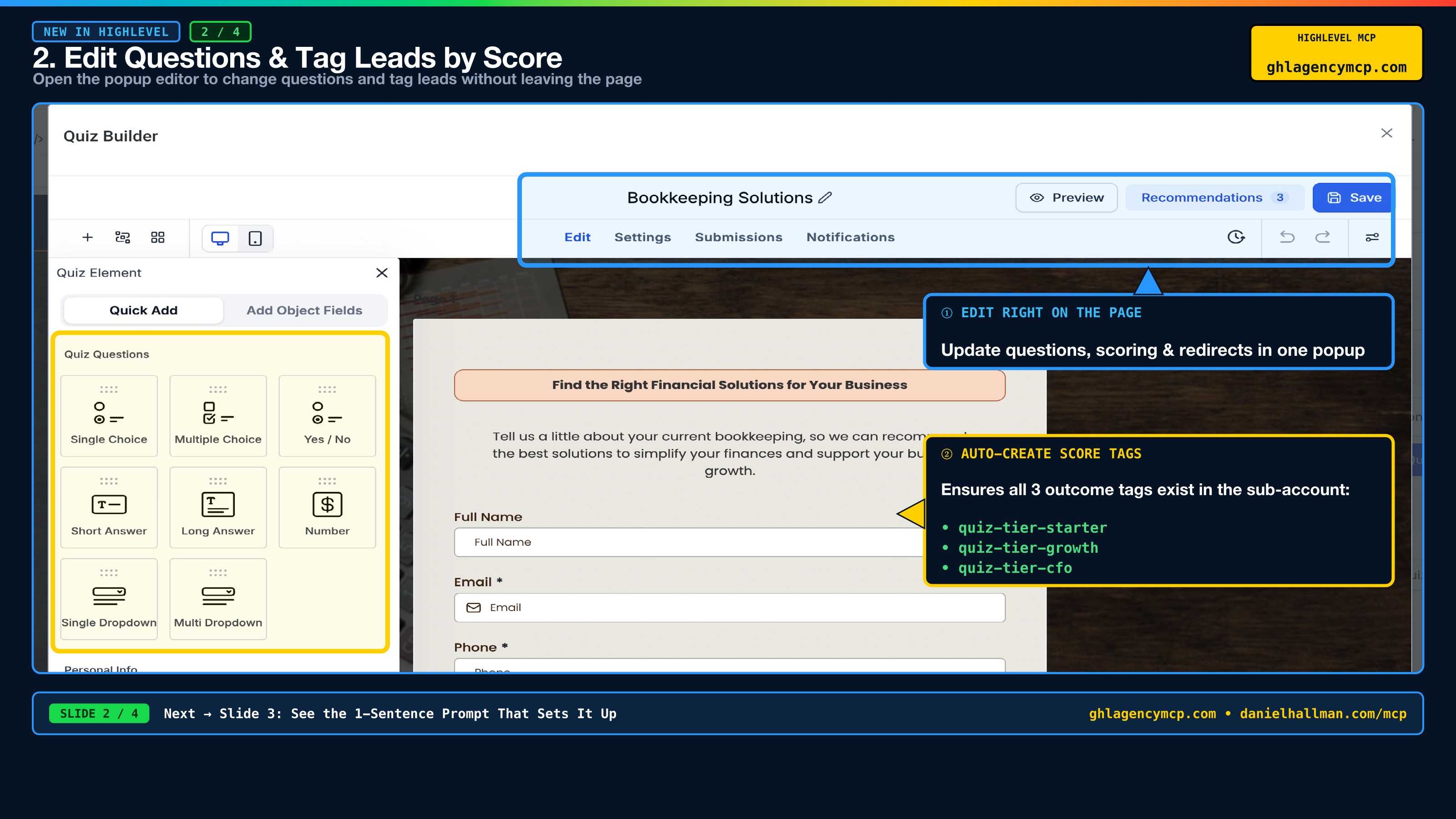 Slide 2: Edit Questions and Tag Leads by Score